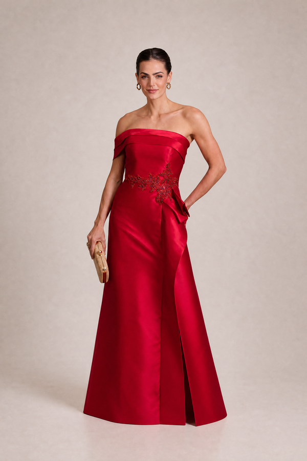 Vestido Vermelho em Zibeline de Um Ombro com Babado e Bordado