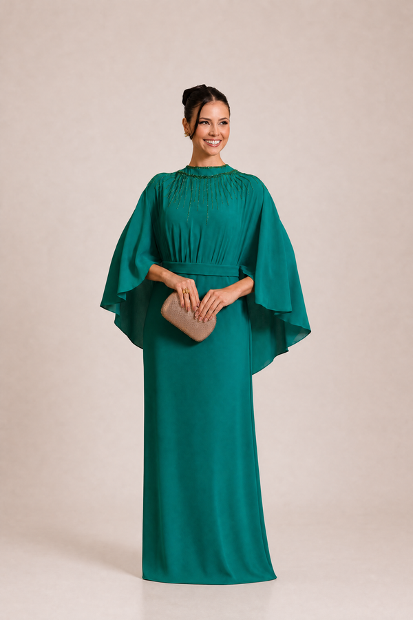 Vestido Verde Esmeralda com Bordado Radial e Mangas Fluidas