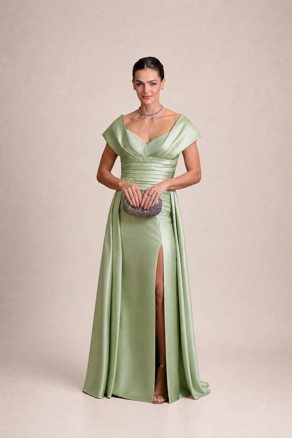 Vestido Verde-Lima em Zibeline Ombro a Ombro com Cintura Drapeada