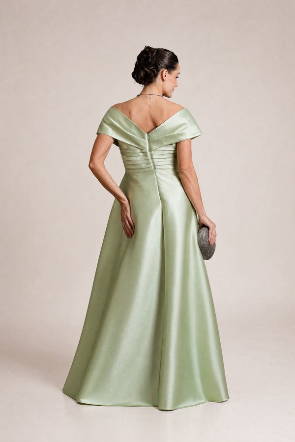 Vestido Verde-Lima em Zibeline Ombro a Ombro com Cintura Drapeada