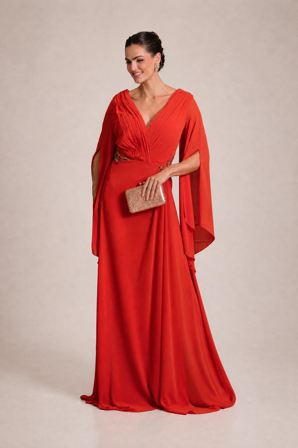 Vestido Vermelho em Crepe com Toque de Seda, Decote V e Mangas Flare