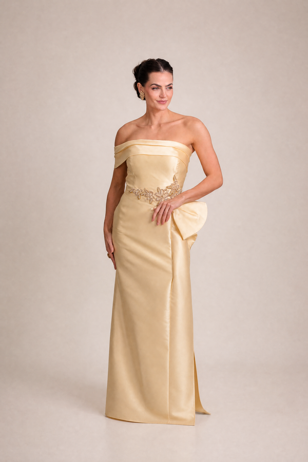 Vestido Amarelo-Manteiga em Zibeline de Um Ombro com Babado e Bordado