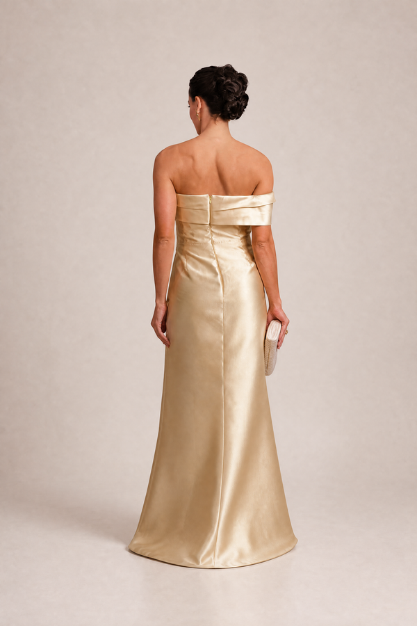 Vestido Amarelo-Manteiga em Zibeline de Um Ombro com Babado e Bordado