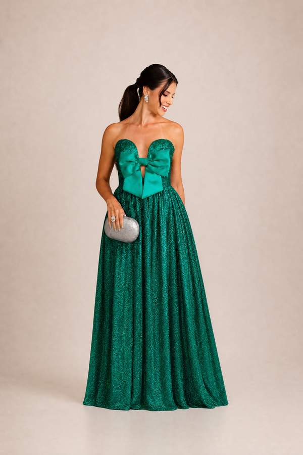Vestido Verde Esmeralda Tomara que Caia em Zibeline e Tule Brocado