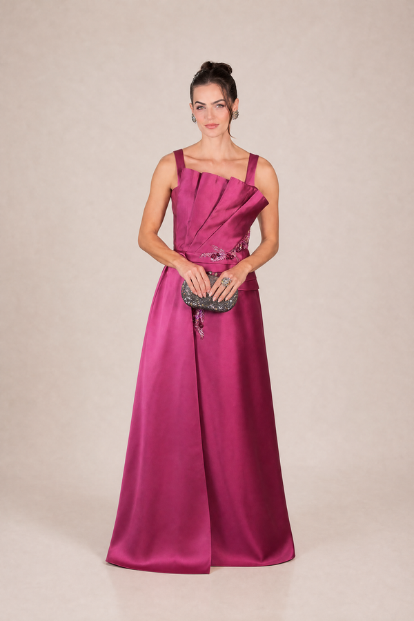 Vestido Fúcsia em Zibeline com Alças, Busto Estruturado e Saia Sobreposta