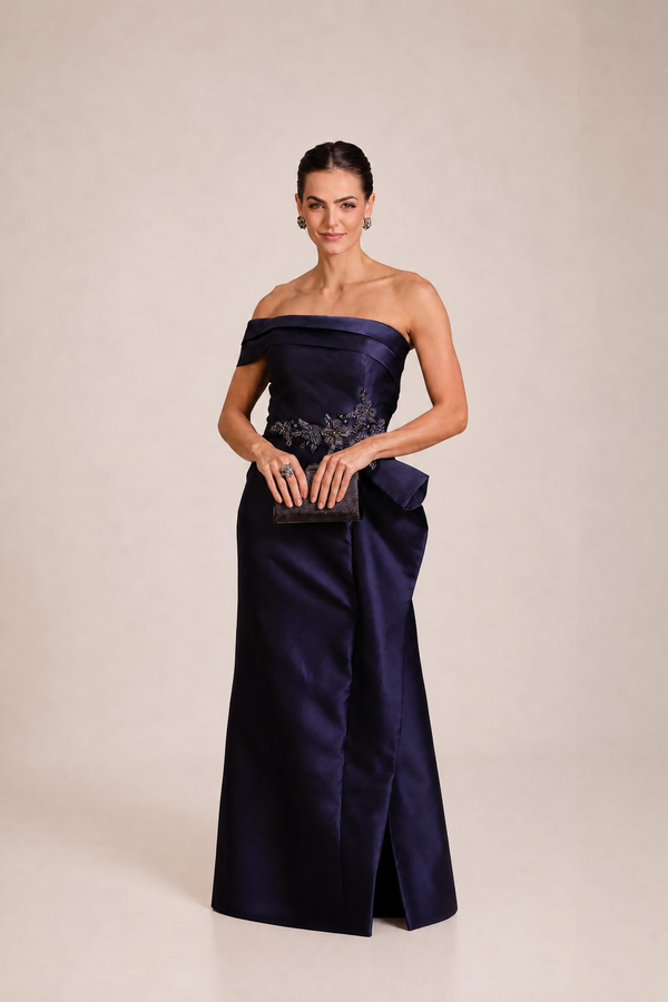Vestido Azul-Marinho em Zibeline de Um Ombro com Babado e Bordado