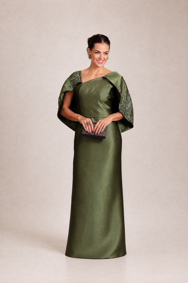 Vestido Verde Oliva em Zibeline com Manga Capa Bordada
