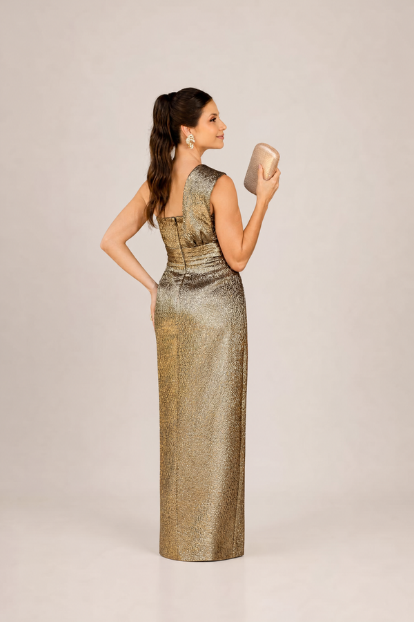 Vestido Bronze em Jacquard Brocado de Um Ombro