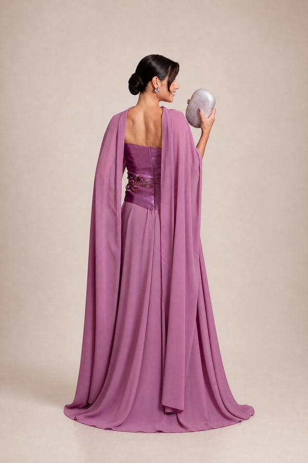 Vestido Malva com Corset Bordado em Zibeline e Echarpe