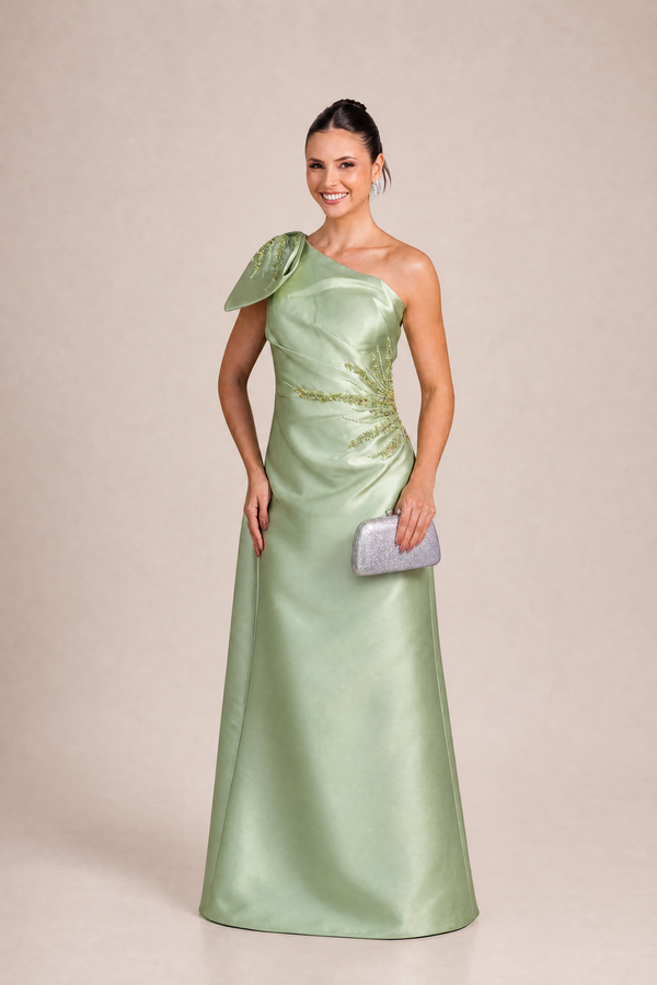 Vestido Verde-Lima em Zibeline de Um Ombro com Laço Bordado