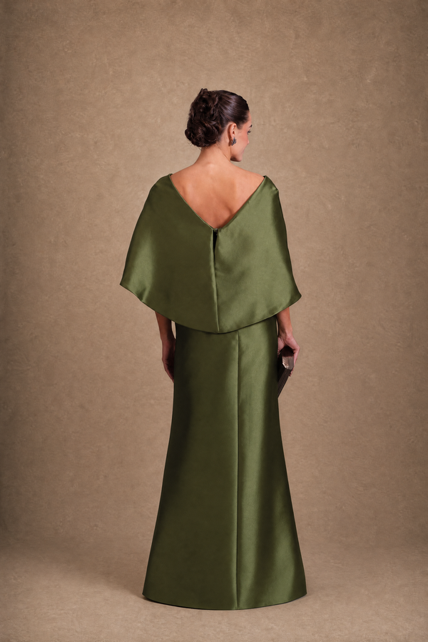 Vestido Verde Oliva em Zibeline com Manga Capa Bordada