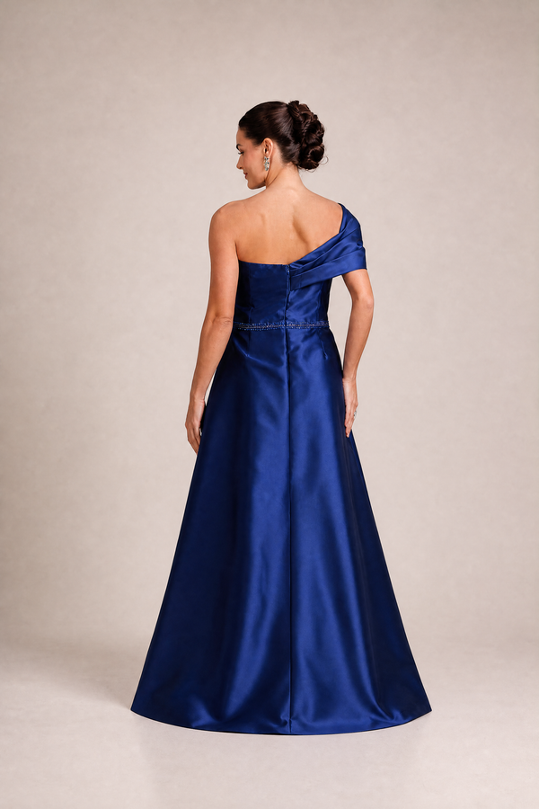 Vestido Azul Royal em Zibeline de Um Ombro com Flor e Bordado