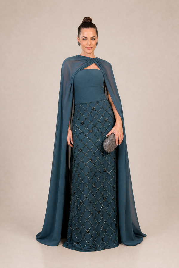 Vestido Azul Petróleo Tomara que Caia com Bordado e Capa Removível