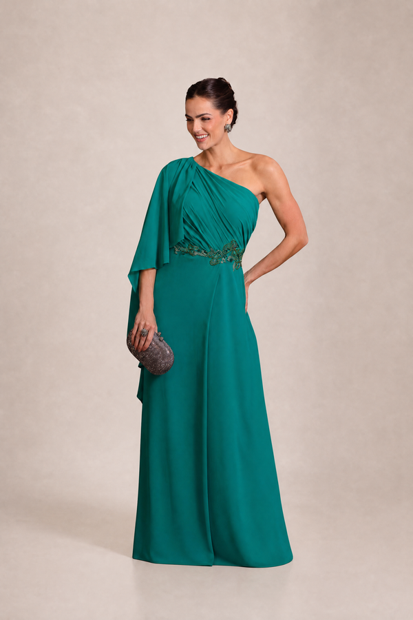 Vestido Verde Esmeralda em Crepe com Toque de Seda Estilo Grego com Capa