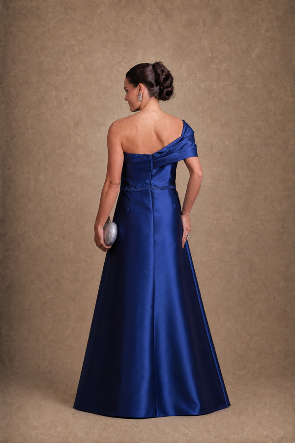 Vestido Azul Royal em Zibeline de Um Ombro com Flor e Bordado
