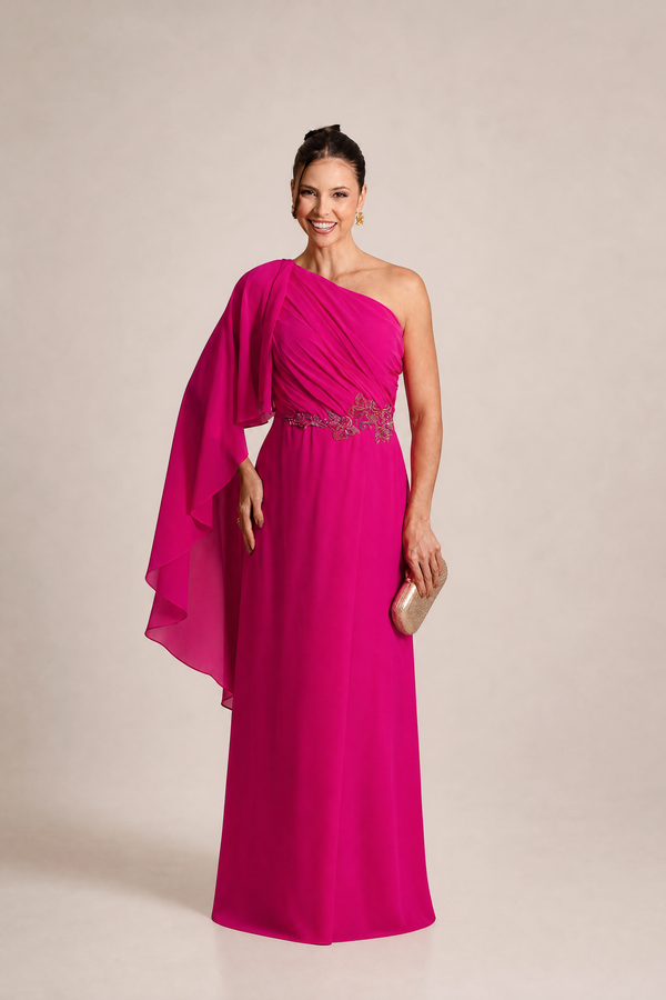 Vestido Fúcsia em Crepe com Toque de Seda Estilo Grego com Capa