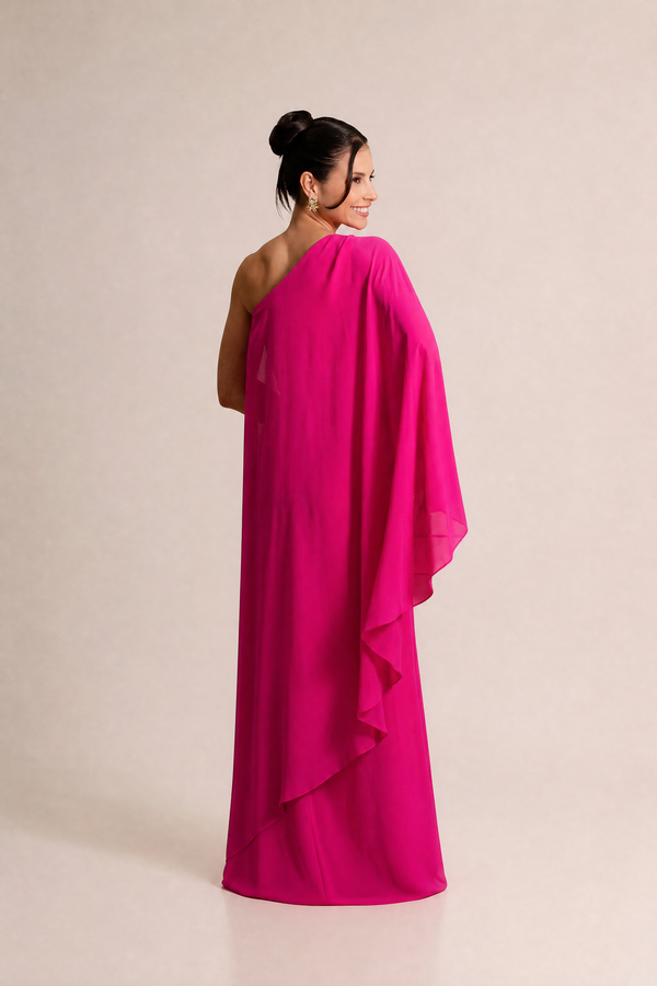 Vestido Fúcsia em Crepe com Toque de Seda Estilo Grego com Capa