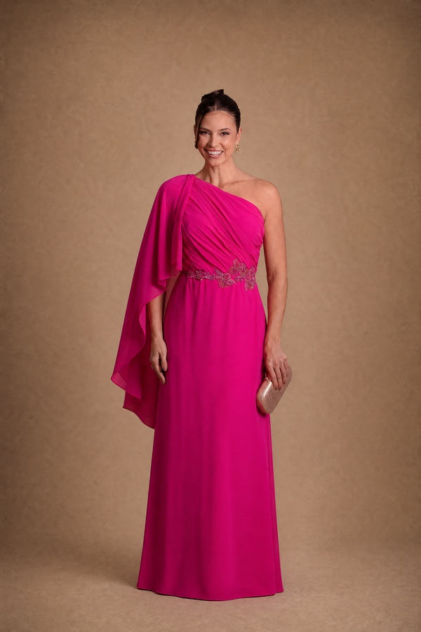 Vestido Pink em Crepe com Toque de Seda Estilo Grego com Capa