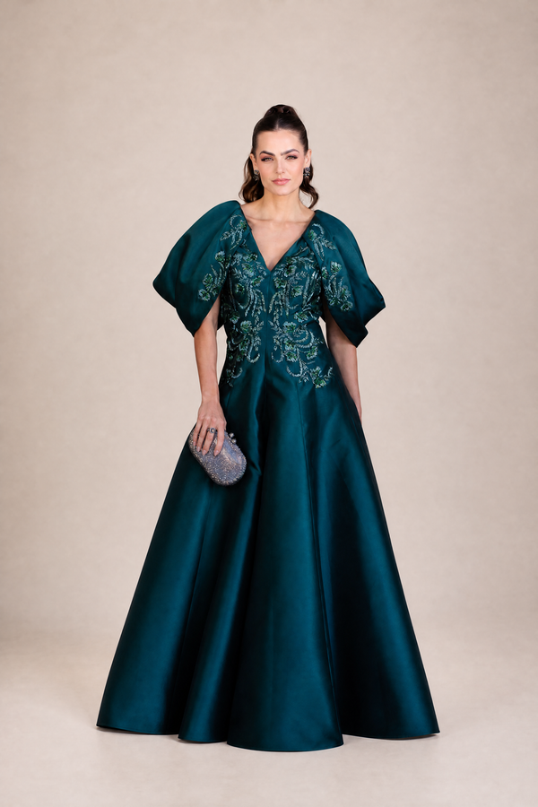 Vestido Verde Petróleo em Zibeline com Mangas Bufantes Bordadas