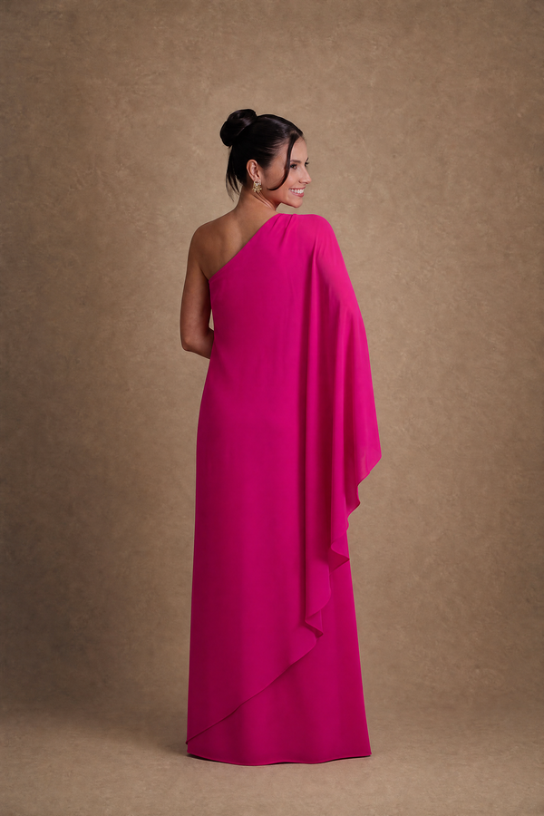 Vestido Pink em Crepe com Toque de Seda Estilo Grego com Capa