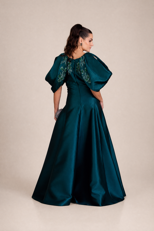 Vestido Verde Petróleo em Zibeline com Mangas Bufantes Bordadas