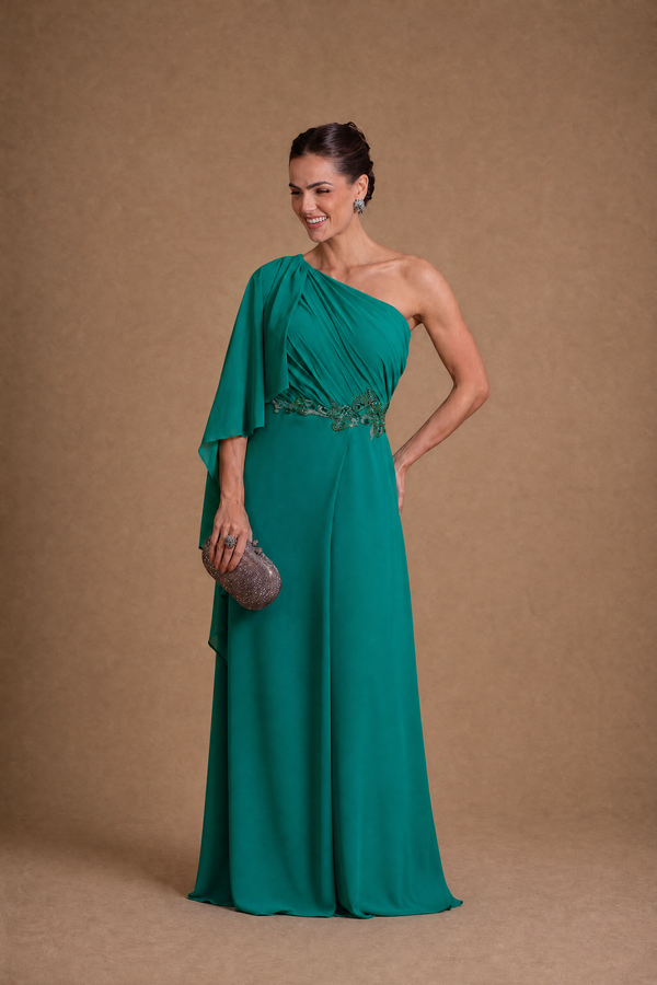 Vestido Verde Esmeralda em Crepe com Toque de Seda Estilo Grego com Capa