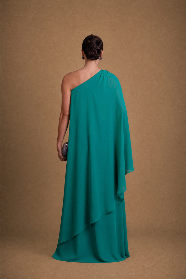 Vestido Verde Esmeralda em Crepe com Toque de Seda Estilo Grego com Capa