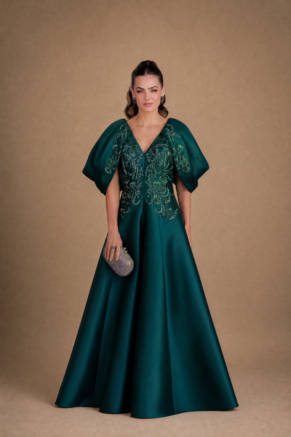 Vestido Verde Petróleo em Zibeline com Mangas Bufantes Bordadas