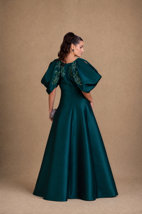 Vestido Verde Petróleo em Zibeline com Mangas Bufantes Bordadas