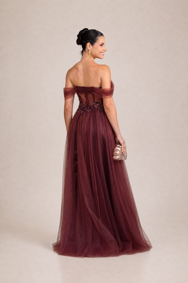 Vestido Marsala em Tule Francês Ombro a Ombro com Bordado