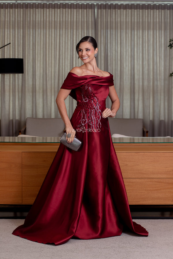 Vestido em zibeline ombro a ombro e sobreposição de saia e bordado (DISPONÍVEL EM 30 DIAS ÚTEIS)