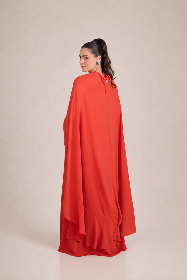 Vestido terracota Tomara que Caia com Capa Removível, Flores e Plumas