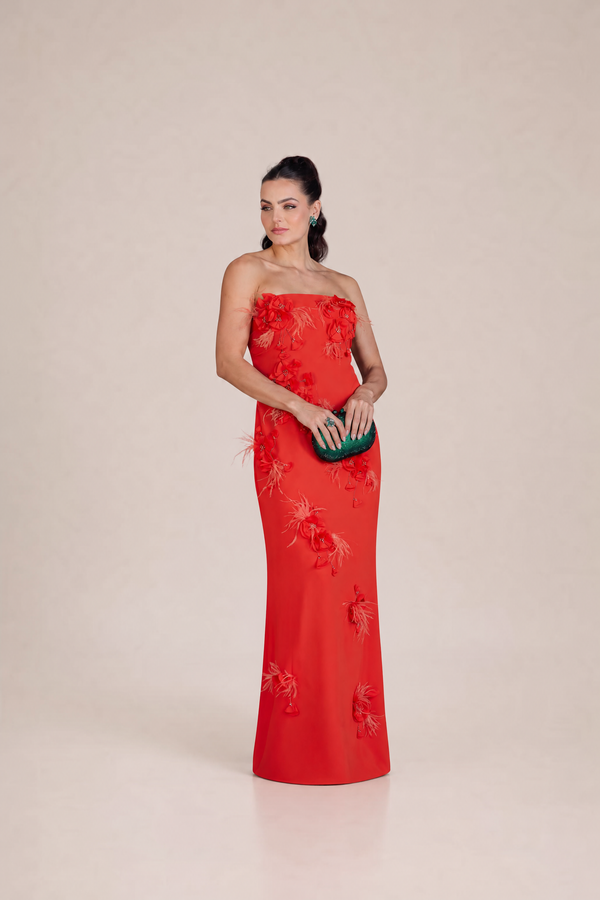 Vestido terracota Tomara que Caia com Capa Removível, Flores e Plumas