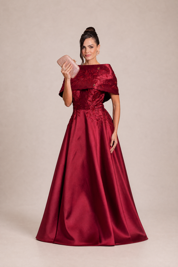 Vestido Marsala em Zibeline com Capa Removível Bordada