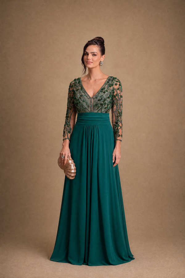 Vestido Verde Esmeralda com Manga 3/4 e Corpete em Tule Bordado