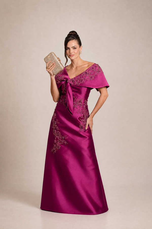 Vestido Fúcsia em Zibeline Tomara que Caia com Capa Removível Bordada