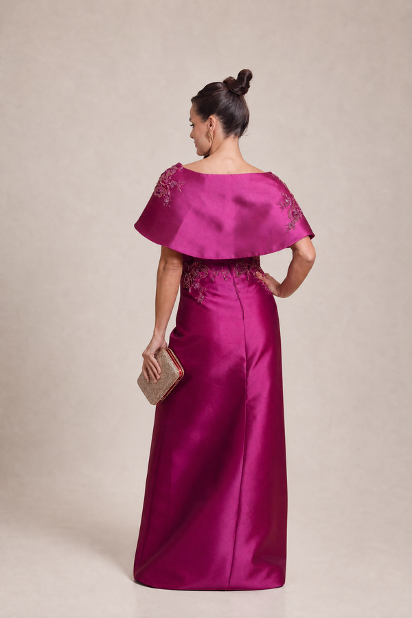Vestido Fúcsia em Zibeline Tomara que Caia com Capa Removível Bordada