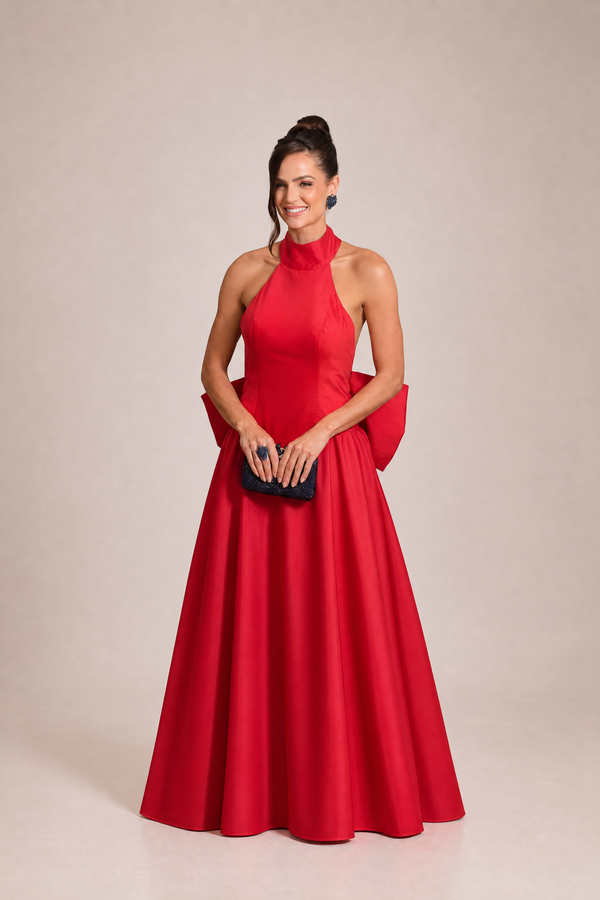 Vestido Vermelho em Zibeline Frente Única com Decote nas Costas e Laço