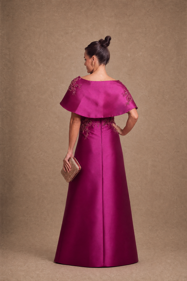 Vestido Fúcsia em Zibeline Tomara que Caia com Capa Removível Bordada