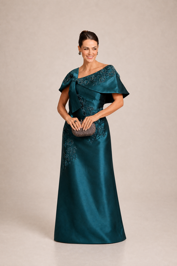 Vestido Azul Petróleo em Zibeline Tomara que Caia com Capa Removível Bordada