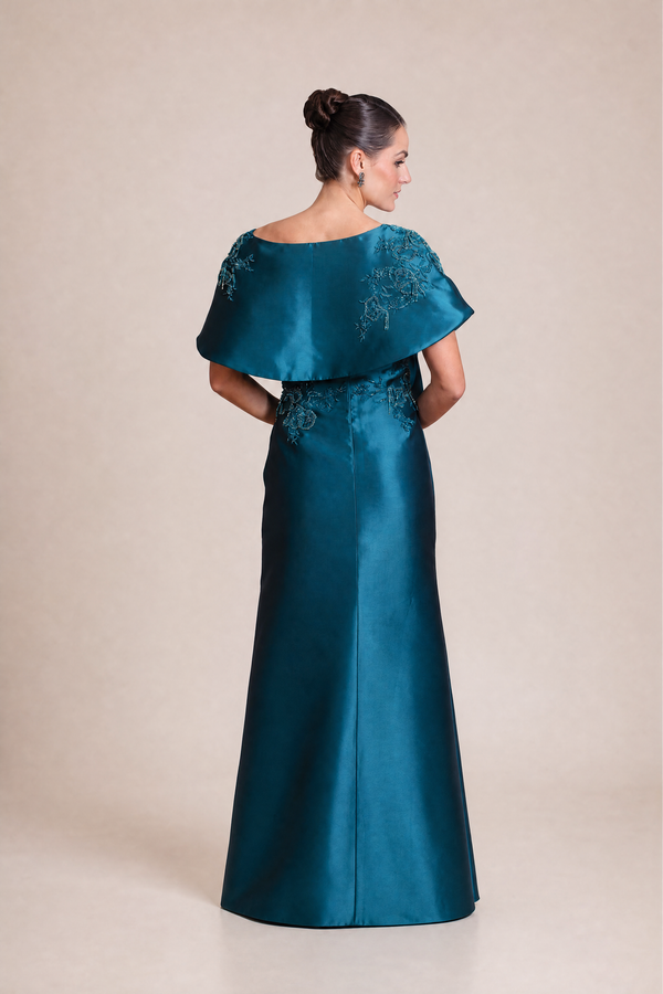 Vestido Azul Petróleo em Zibeline Tomara que Caia com Capa Removível Bordada