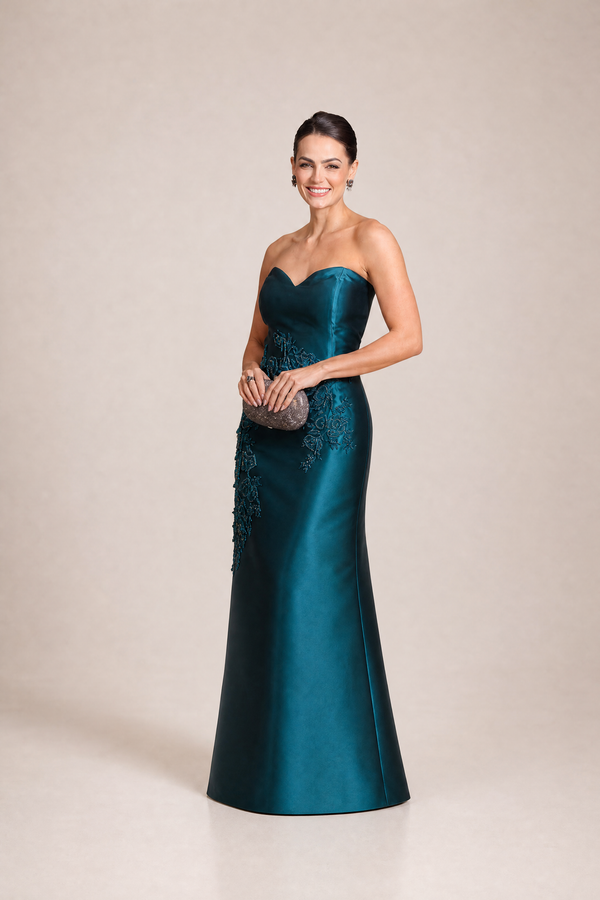 Vestido Azul Petróleo em Zibeline Tomara que Caia com Capa Removível Bordada
