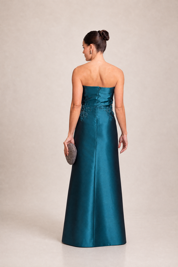 Vestido Azul Petróleo em Zibeline Tomara que Caia com Capa Removível Bordada