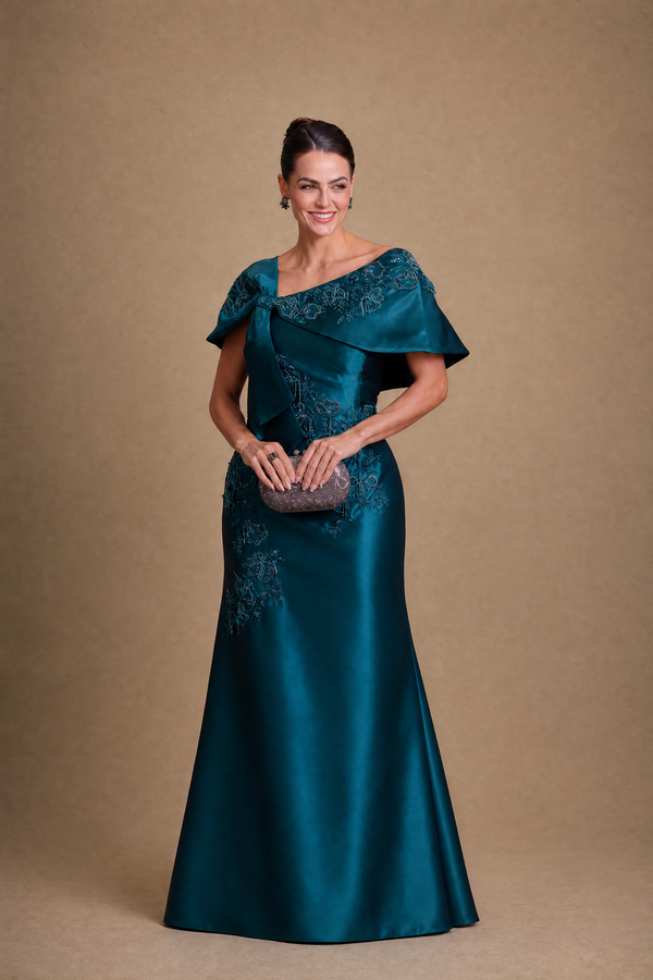 Vestido Azul Petróleo em Zibeline Tomara que Caia com Capa Removível Bordada