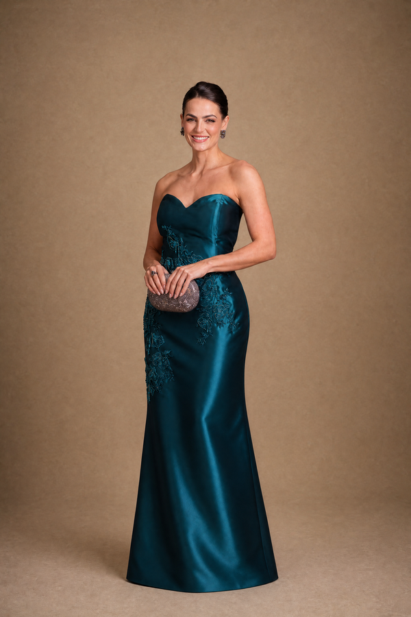 Vestido Azul Petróleo em Zibeline Tomara que Caia com Capa Removível Bordada