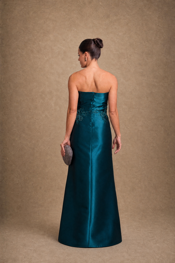 Vestido Azul Petróleo em Zibeline Tomara que Caia com Capa Removível Bordada