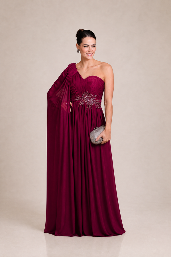 Vestido Marsala em Tule Hidratado de Um Ombro com Cintura Bordada