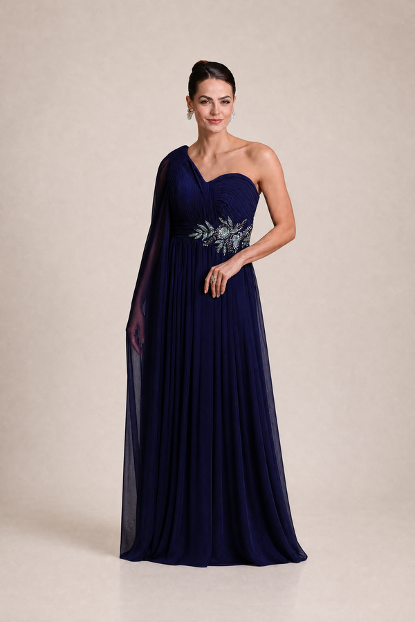 Vestido Azul-Marinho em Tule Hidratado de Um Ombro com Cintura Bordada