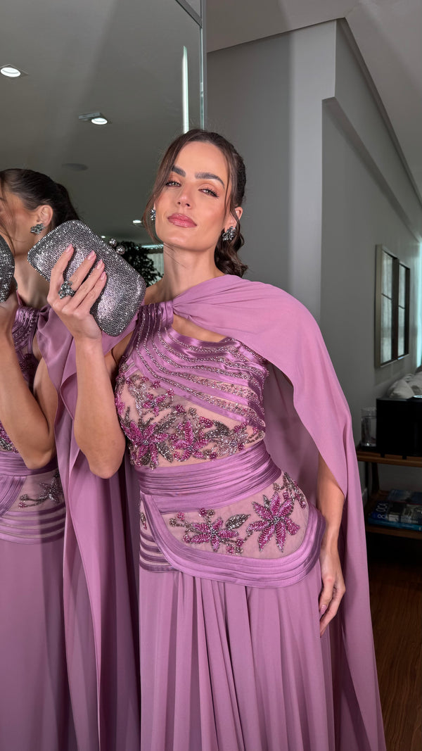 Vestido um ombro  corpo fitado com bordado e capa  | Lívia Ribeiro