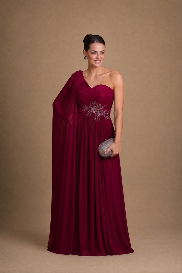 Vestido Marsala em Tule Hidratado de Um Ombro com Cintura Bordada